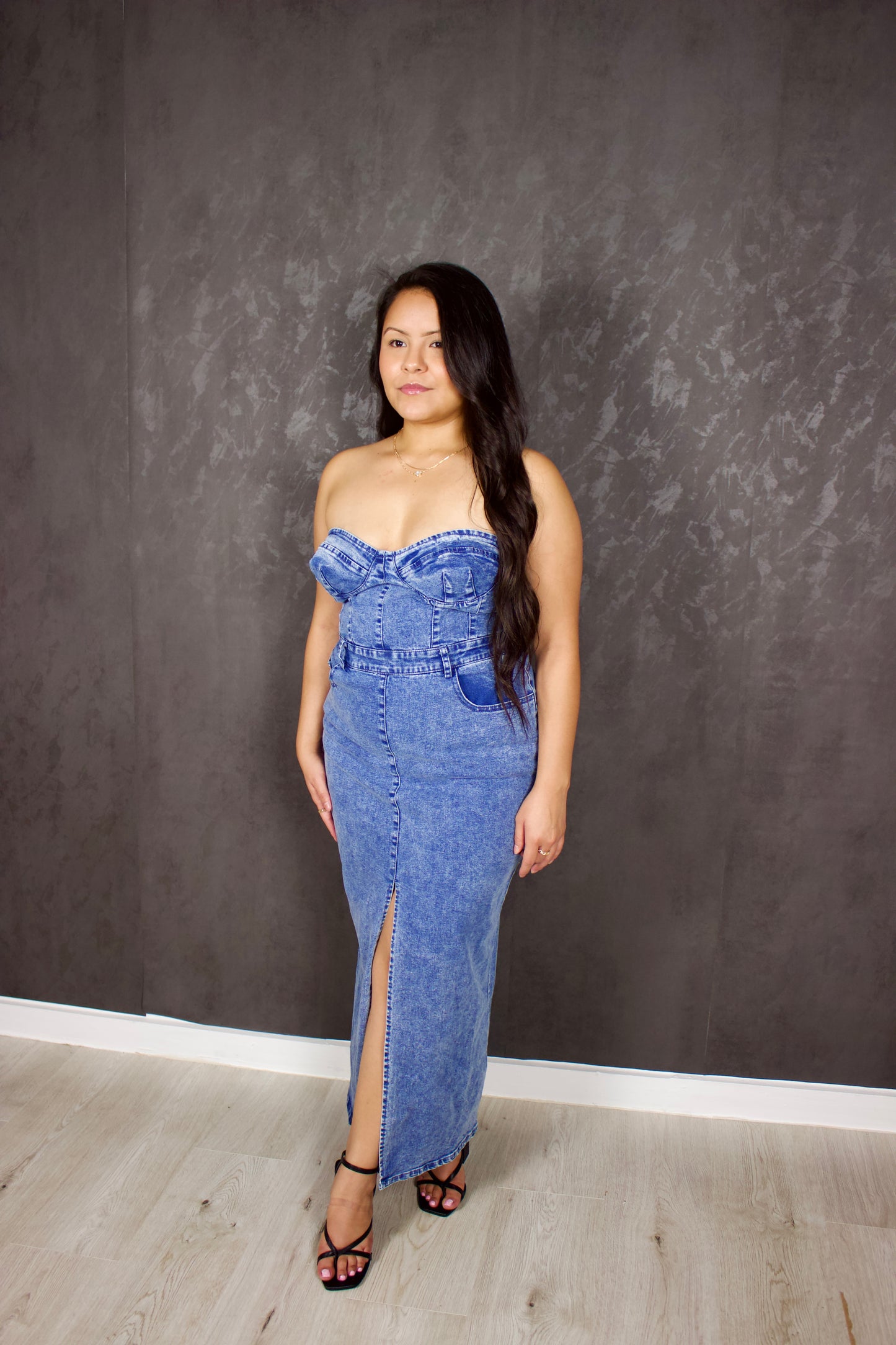 Denim Strapless Maxi Dress With Slit