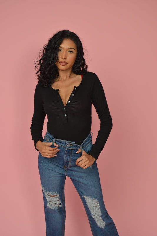 Ribbed Concho Button Up Long Sleeve Bodysuit
