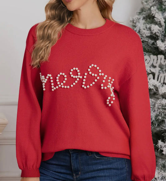 Merry Pearl Beaded Christmas Sweater