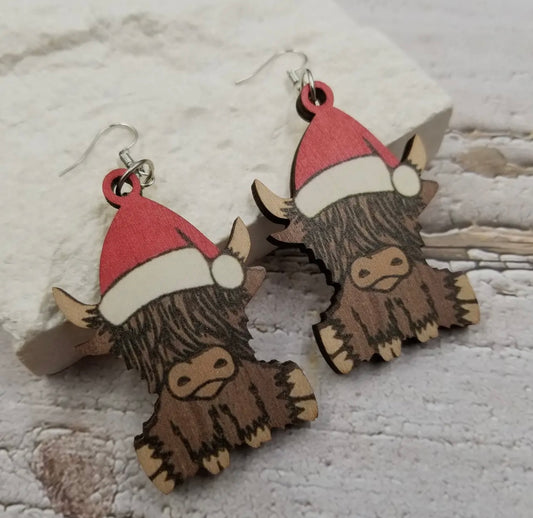 Wood Christmas Highland Cow Earrings