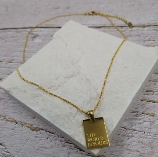 "The World Is Yours" 18K Gold Engraved Pendant Necklace