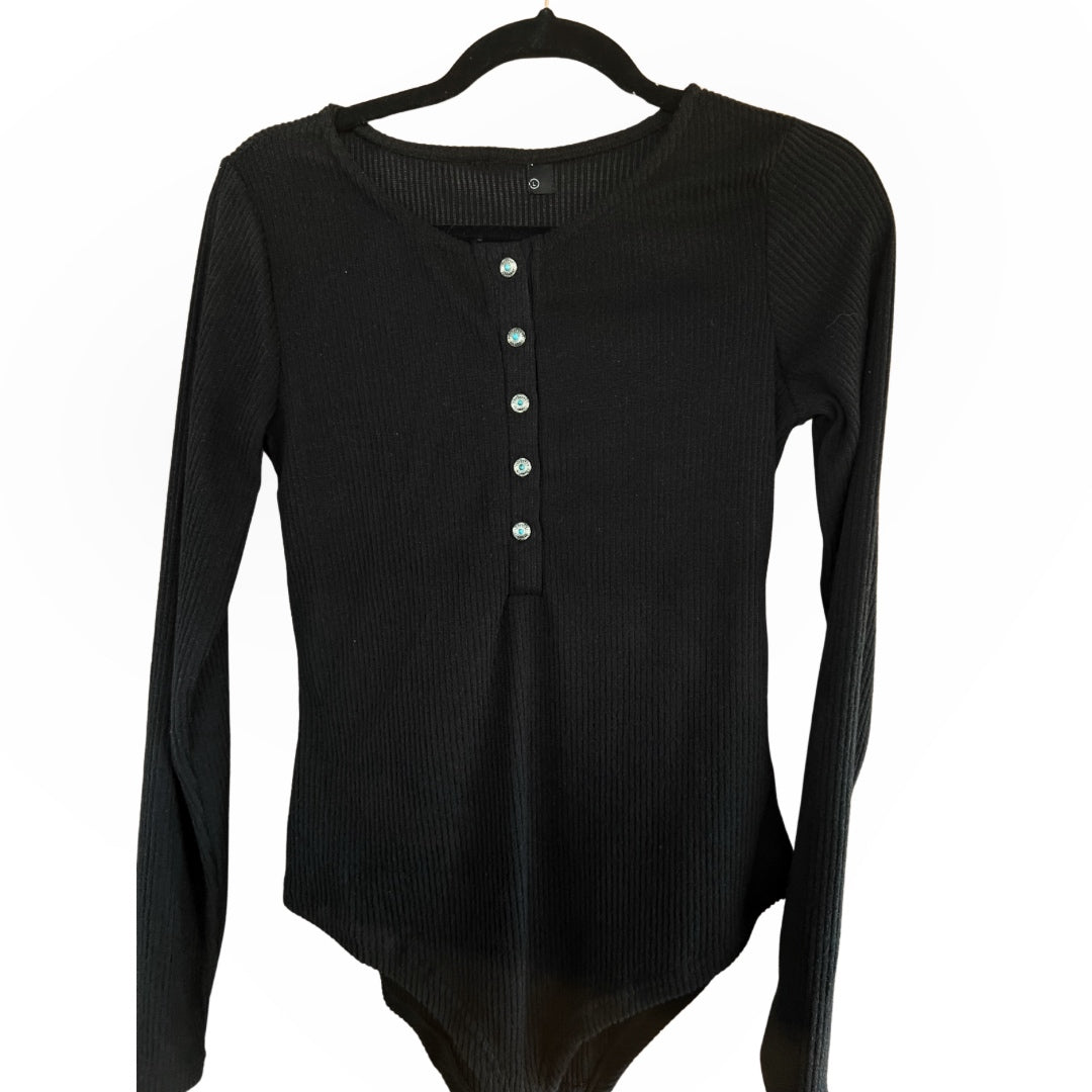 Ribbed Concho Button Up Long Sleeve Bodysuit