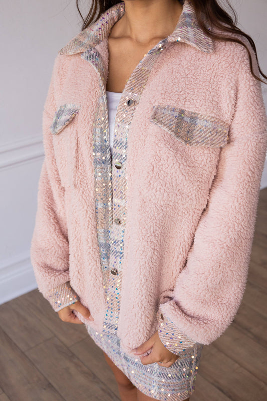 Blush Pink Sherpa With Sequin Plaid Jacket